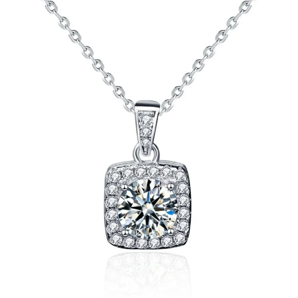 Certified 1ct. t.w. Moissanite Diamond Square Halo Pendant Necklace NEW